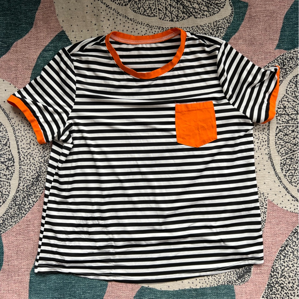 Shein black/white striped shirt with orange sleeve ends and pocket